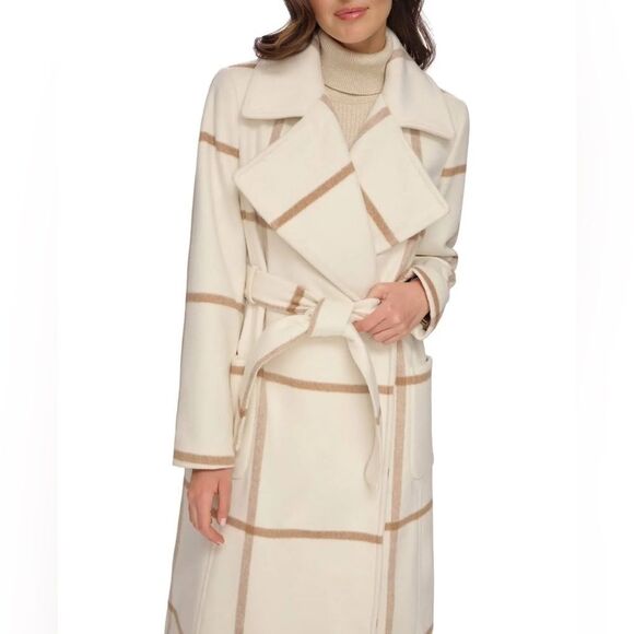 DKNY Notch Collar Belted Wrap Cream and Tan Plaid Classic Trench Coat, Size XL - Picture 4 of 5